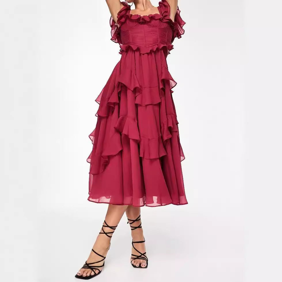 Women's Ruffled Mesh Dress - Backless Square Neck Gown