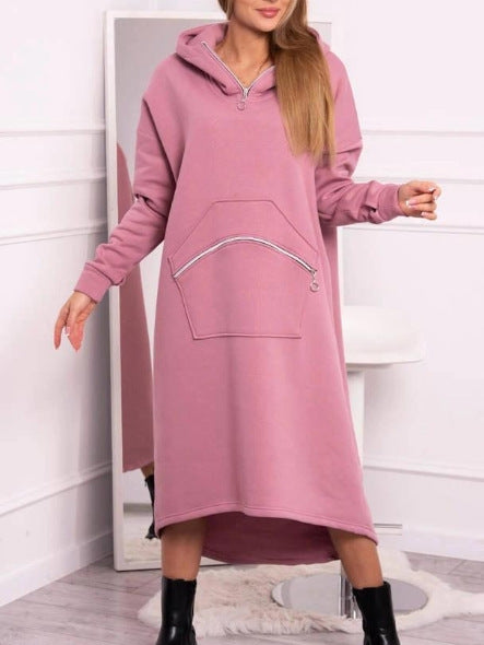 Cozy Casual Hooded Sweatshirt Dress with Zipper Detail and Pockets