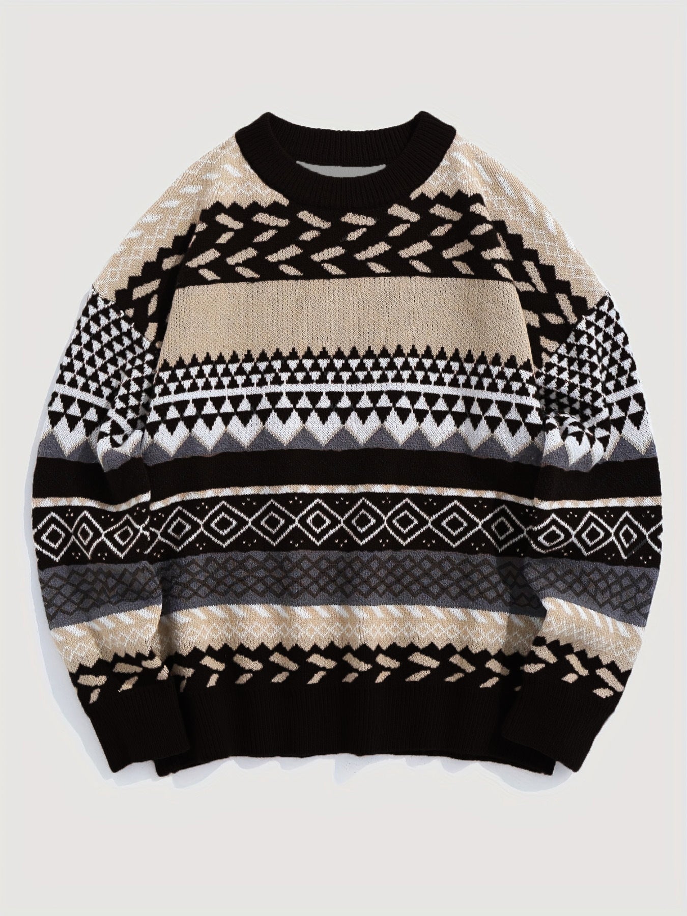 Cozy Long Sleeve Crew Neck Geometric Pattern Knit Pullover