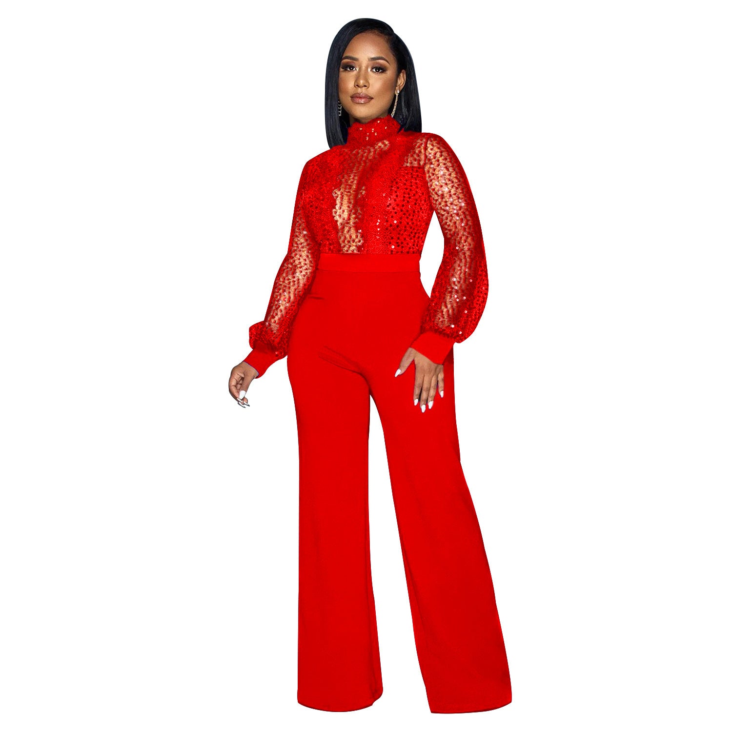 Chic Illusion Neck Sequin Sleeve Wide Leg Party Jumpsuit