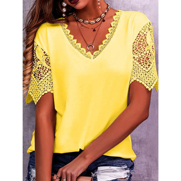 Elegant Lace V-Neck Blouse for Women - Casual Short Sleeve Summer Top