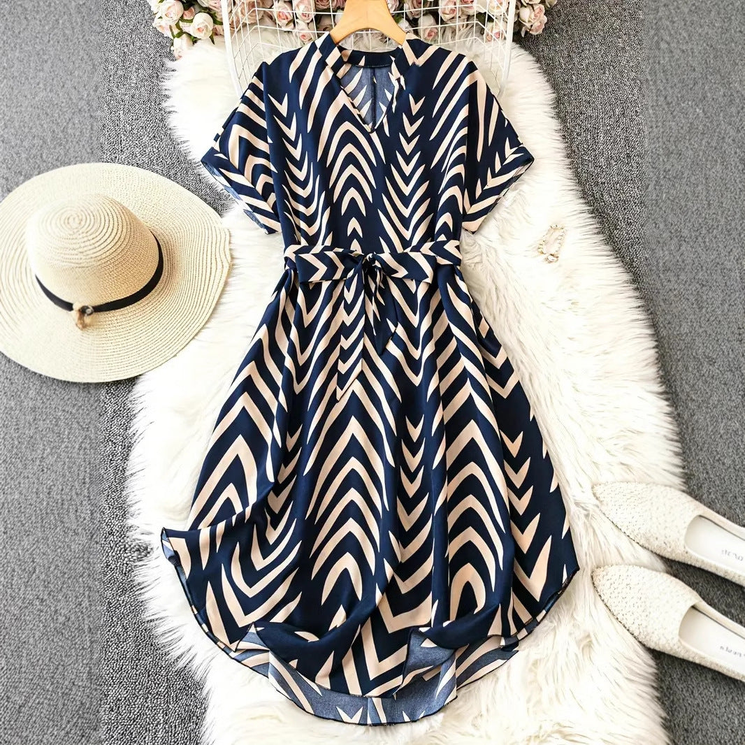Chic Vacation Style Irregular Striped Tie Waist Midi Dress for Summer