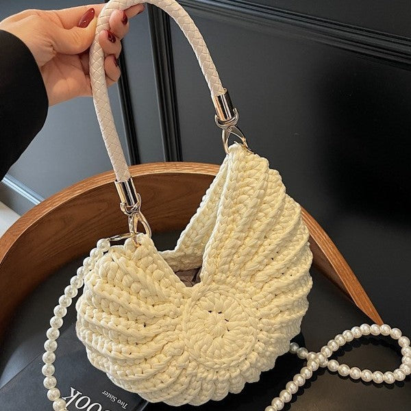 Handmade Woven Shell Handbag with Pearl Strap Unique Crochet Shoulder Bag