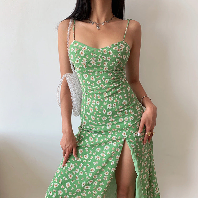Vintage Floral Daisy Print Midi Dress with Side Slit
