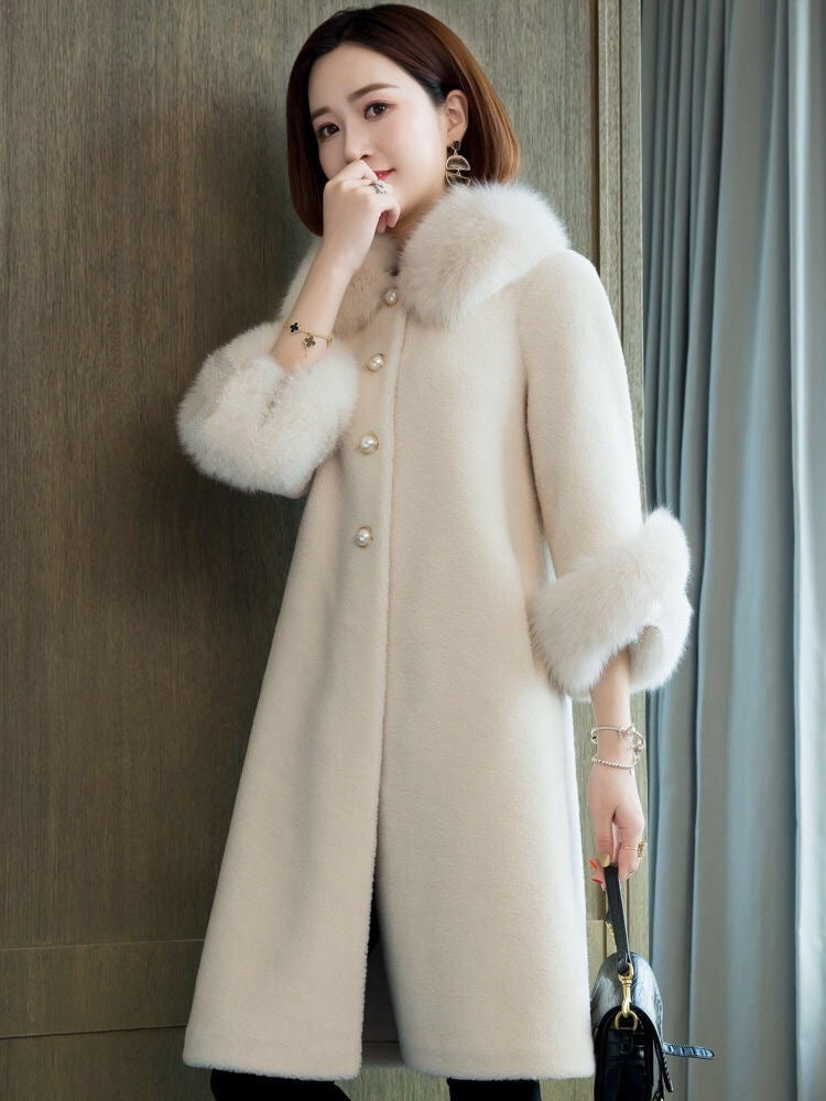 Elegant Faux Fur Mid-length Coat with Plush Collar and Cuffs