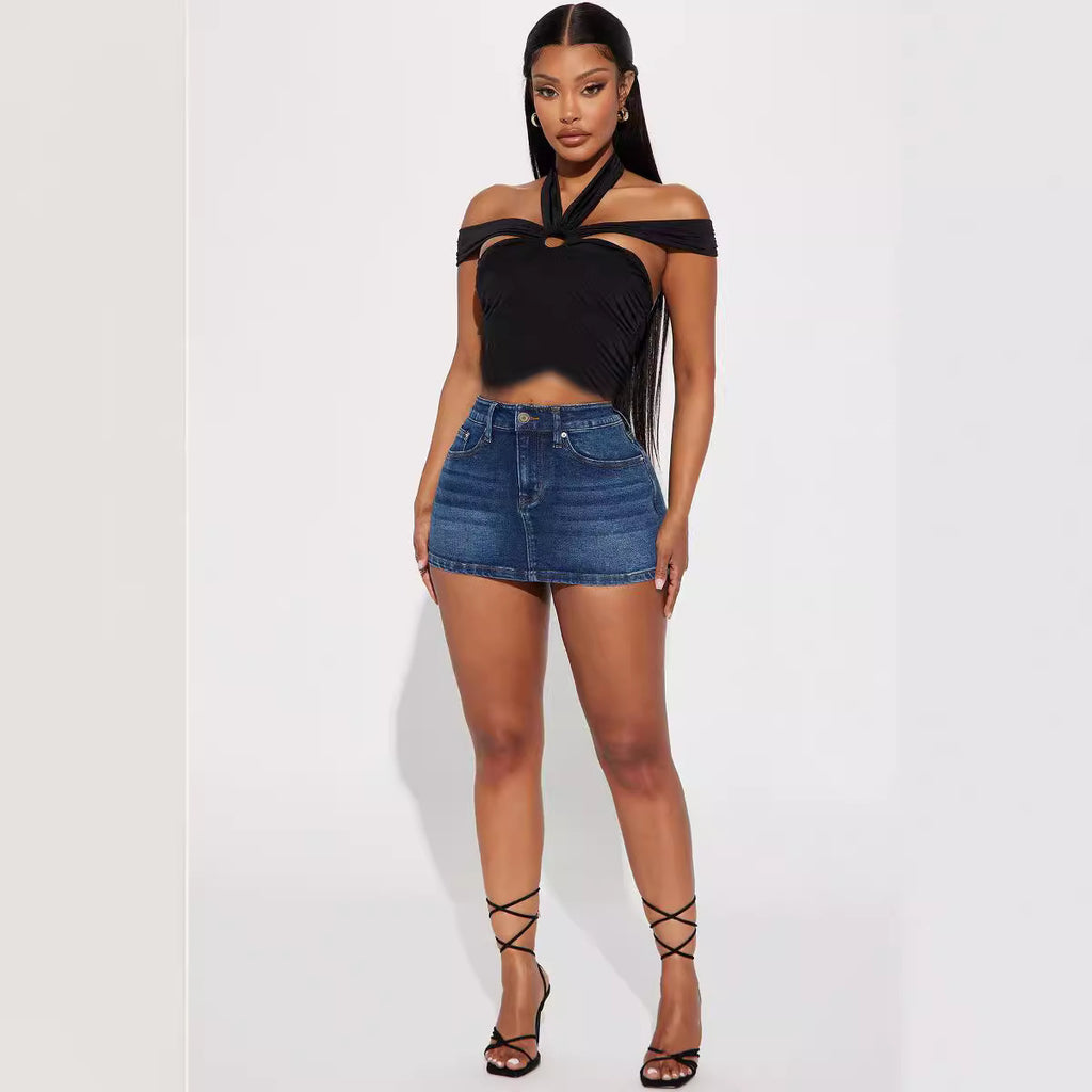 Women's Stretch Denim Mini Skirt - High Waisted Short Skirt
