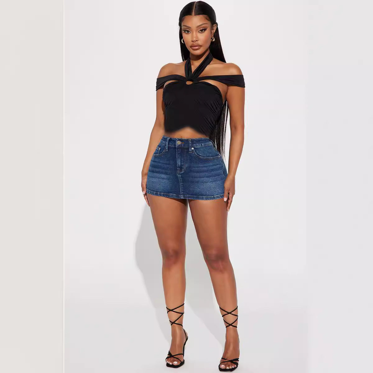 Women's Stretch Denim Mini Skirt - High Waisted Short Skirt