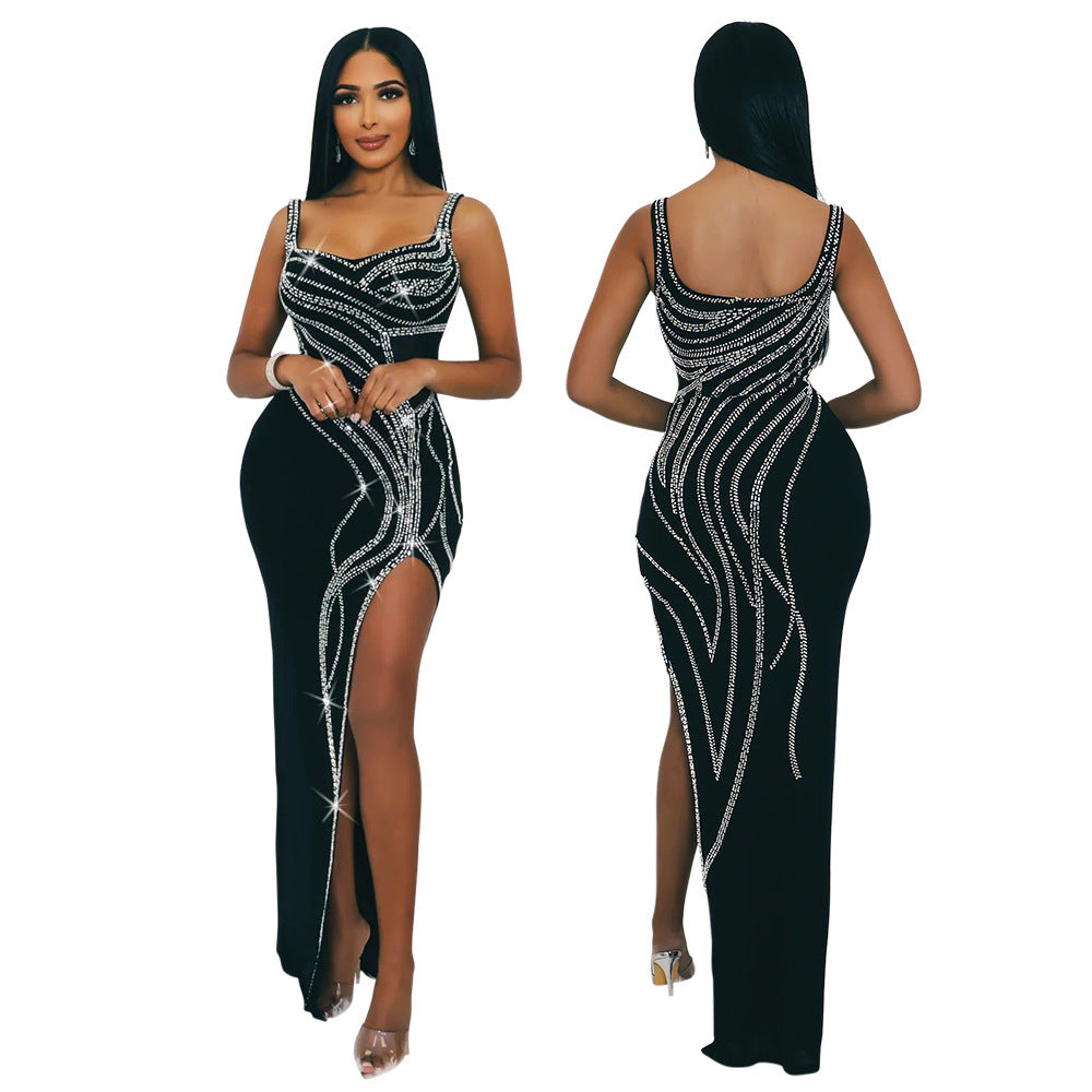 Glamorous Rhinestone High Slit Maxi Dress - Elegant Evening Party Gown