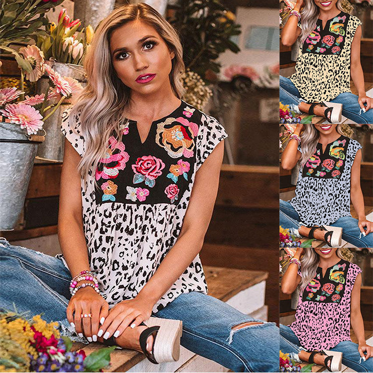 Boho V-Neck Floral Leopard Print Blouse for Women