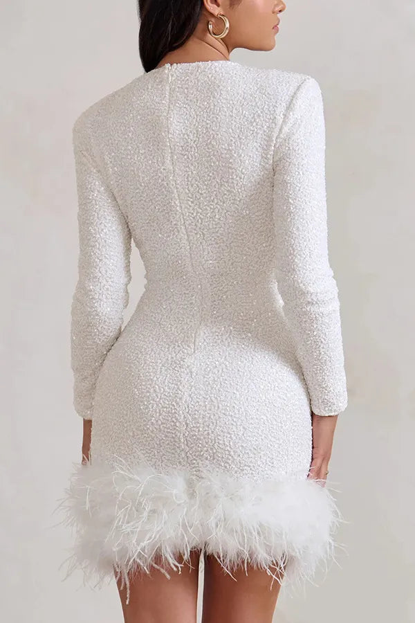 Glam Sequin Feather Mini Dress - Long Sleeve Party Gown