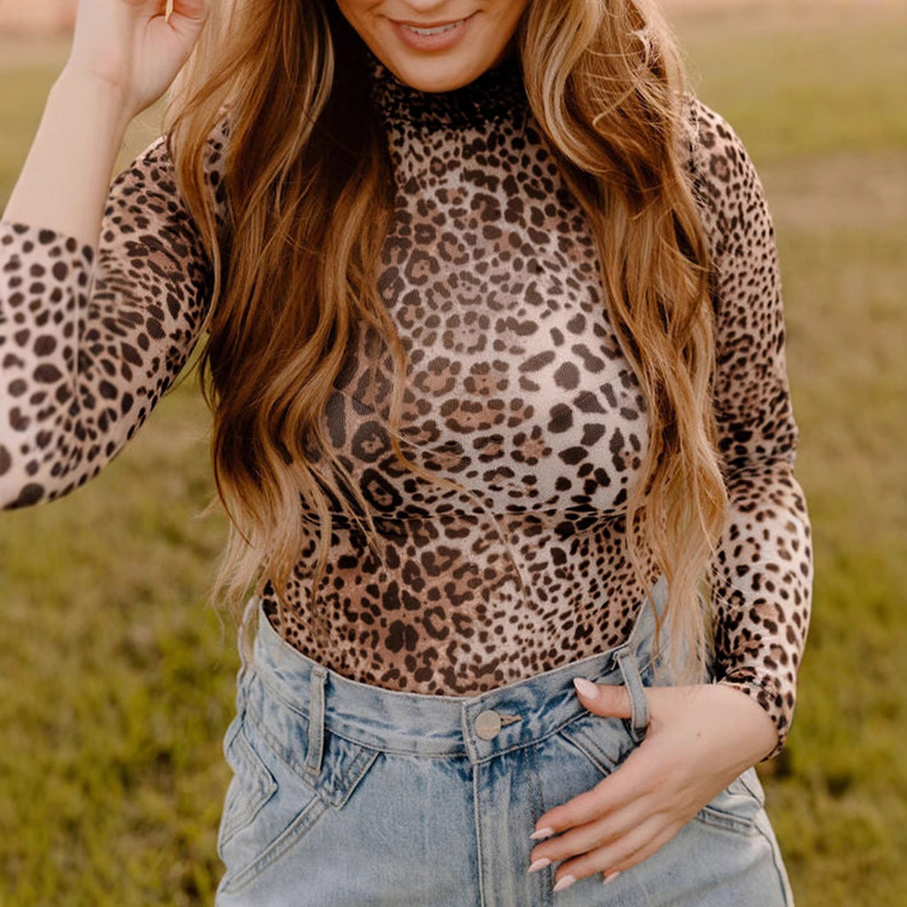 Chic Leopard Print Mesh Long Sleeve Turtleneck Top