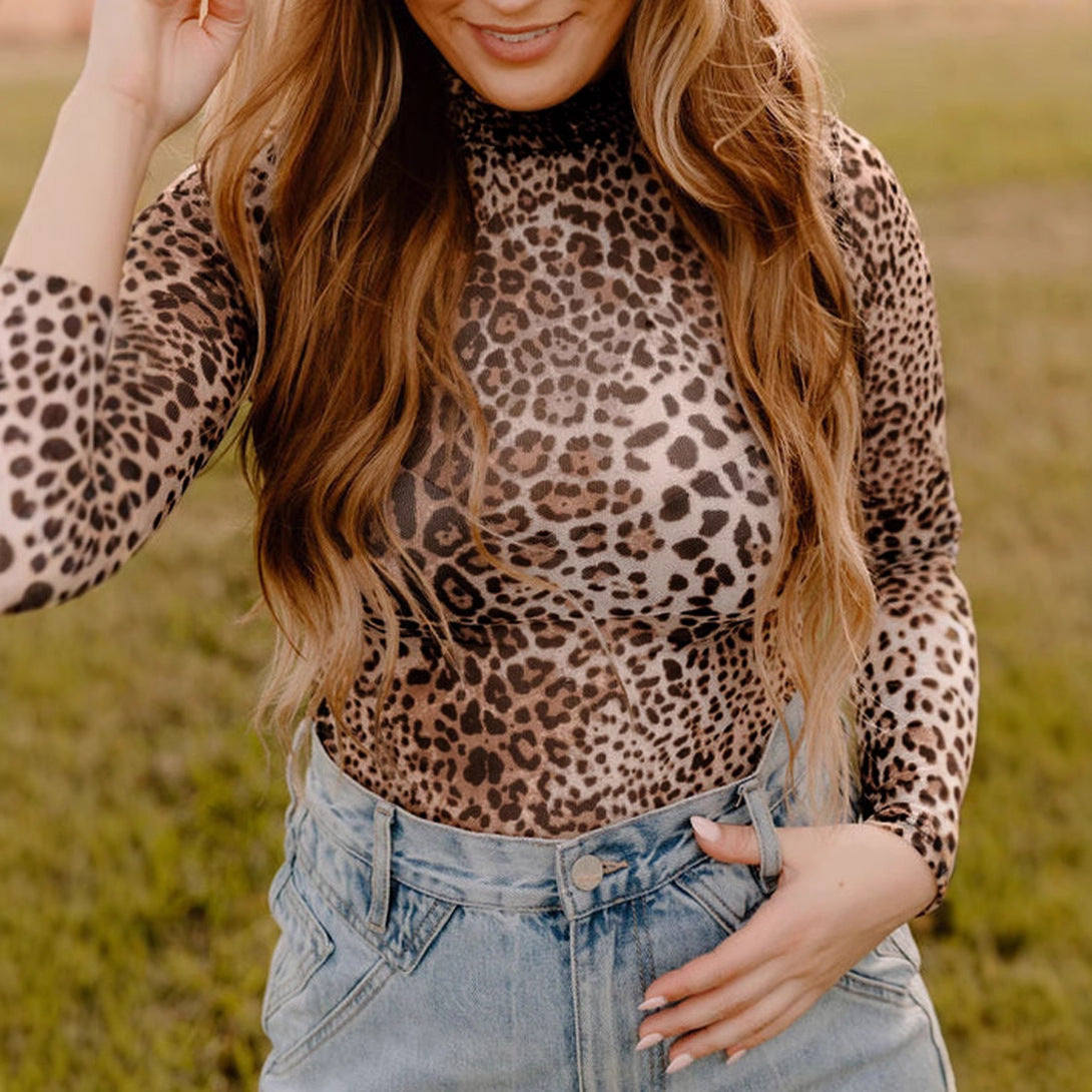 Chic Leopard Print Mesh Long Sleeve Turtleneck Top