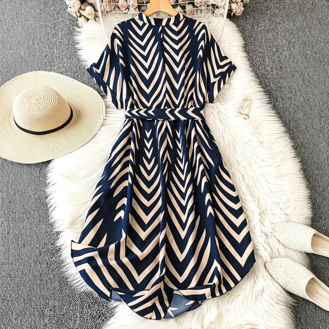 Chic Vacation Style Irregular Striped Tie Waist Midi Dress for Summer