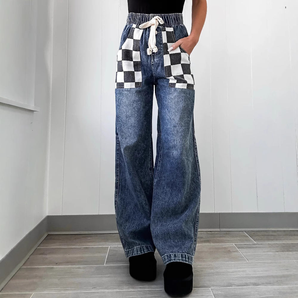 Trendy Baggy Jeans with Checkerboard Pockets
