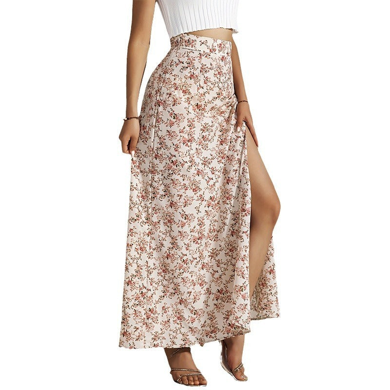 High Waist Floral Print Maxi Skirt with Elegant Side Slit