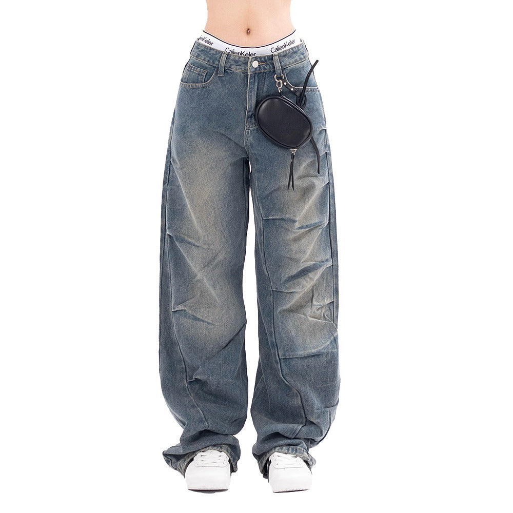 Irregular Pleated Worn Jeans Men And Women