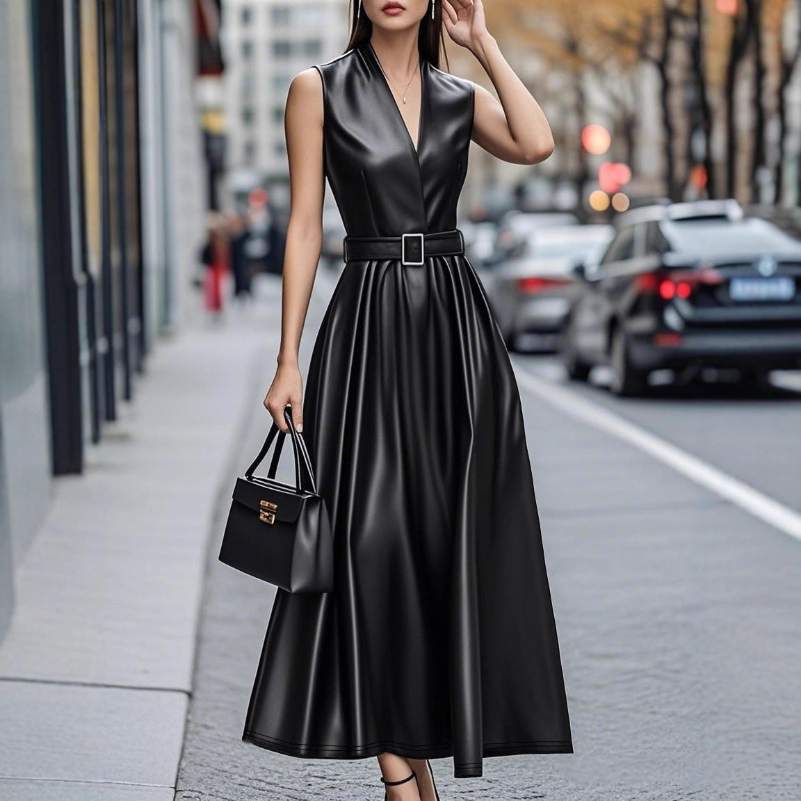 Elegant Sleeveless V-Neck Faux Leather Midi Dress with Stylish Belt
