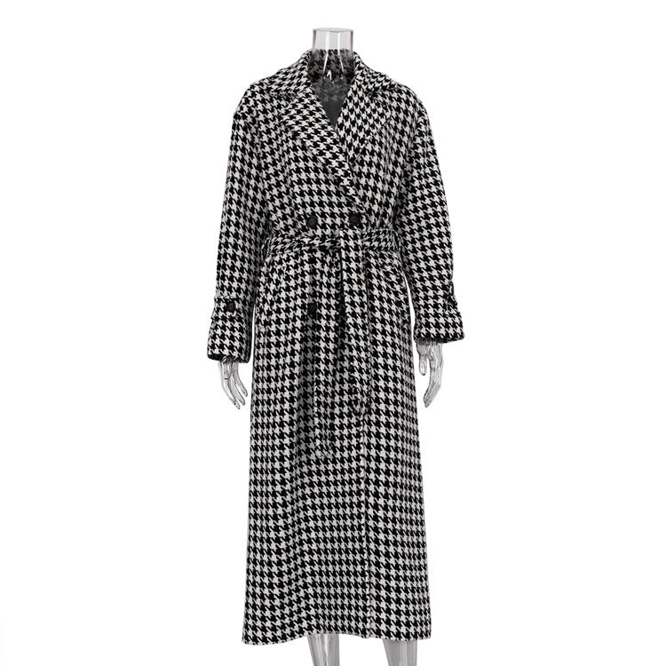 Oversized Houndstooth Long Trench Coat