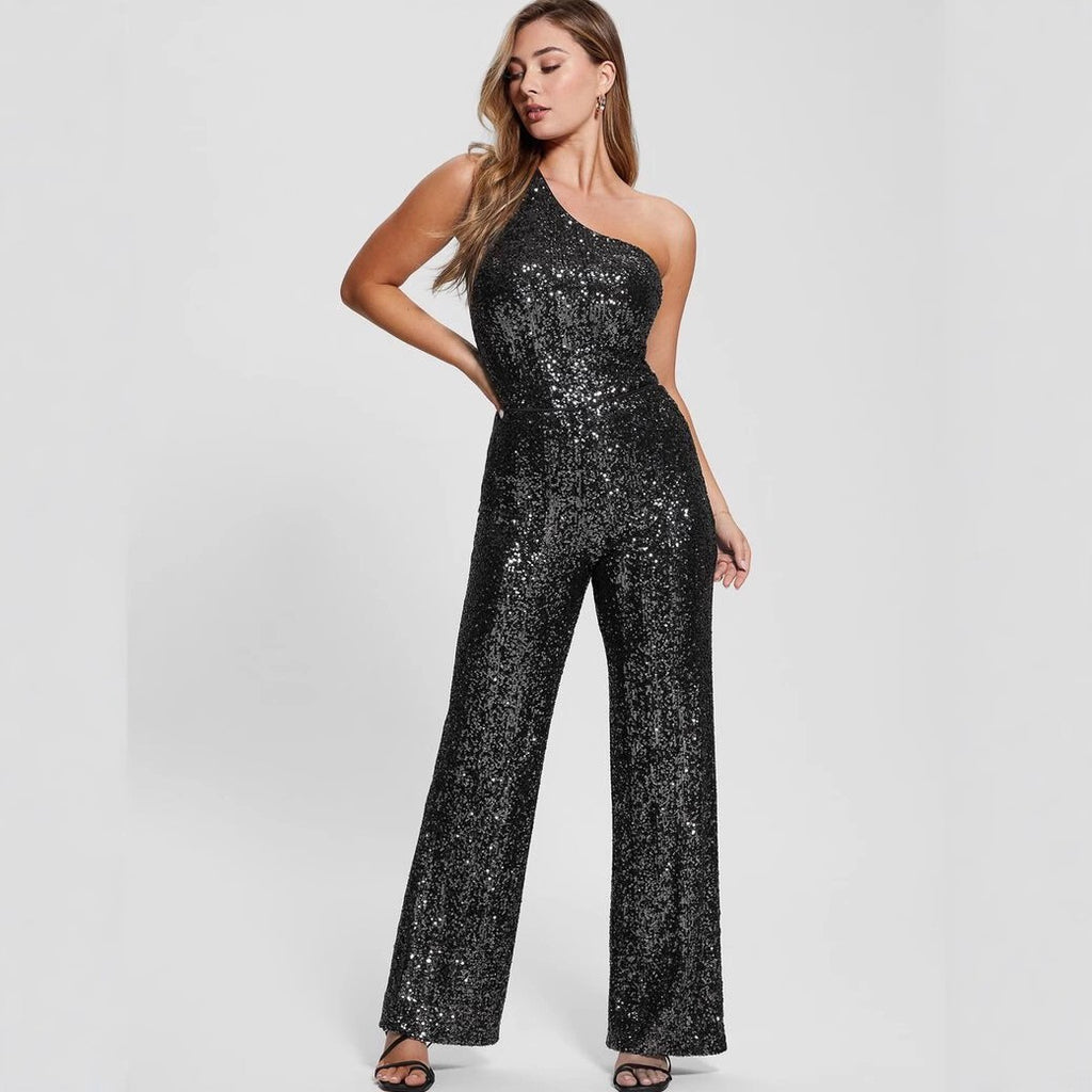 Women's Black Sequin One-Shoulder Wide-Leg Jumpsuit