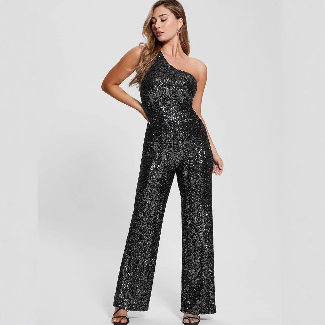 Women's Black Sequin One-Shoulder Wide-Leg Jumpsuit