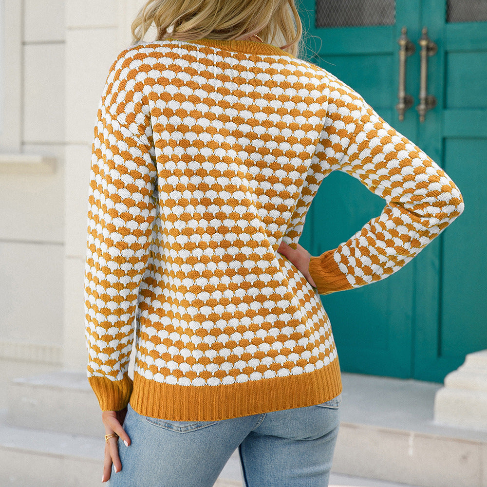 Stylish Round Neck Knitted Checkerboard Pattern Sweater for Everyday Comfort