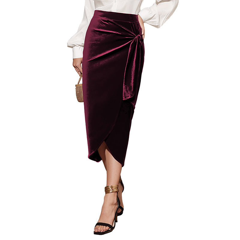 Elegant Velvet Midi Skirt with Chic Twisted Front and Split Hem