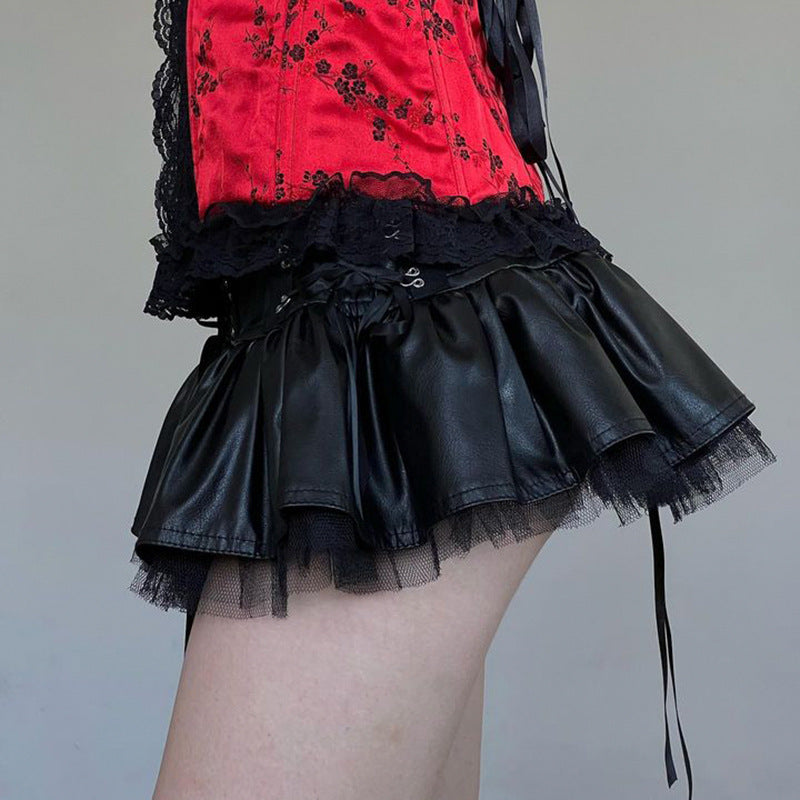 Lace Up Pleated Faux Leather Mini Skirt with Tulle Trim