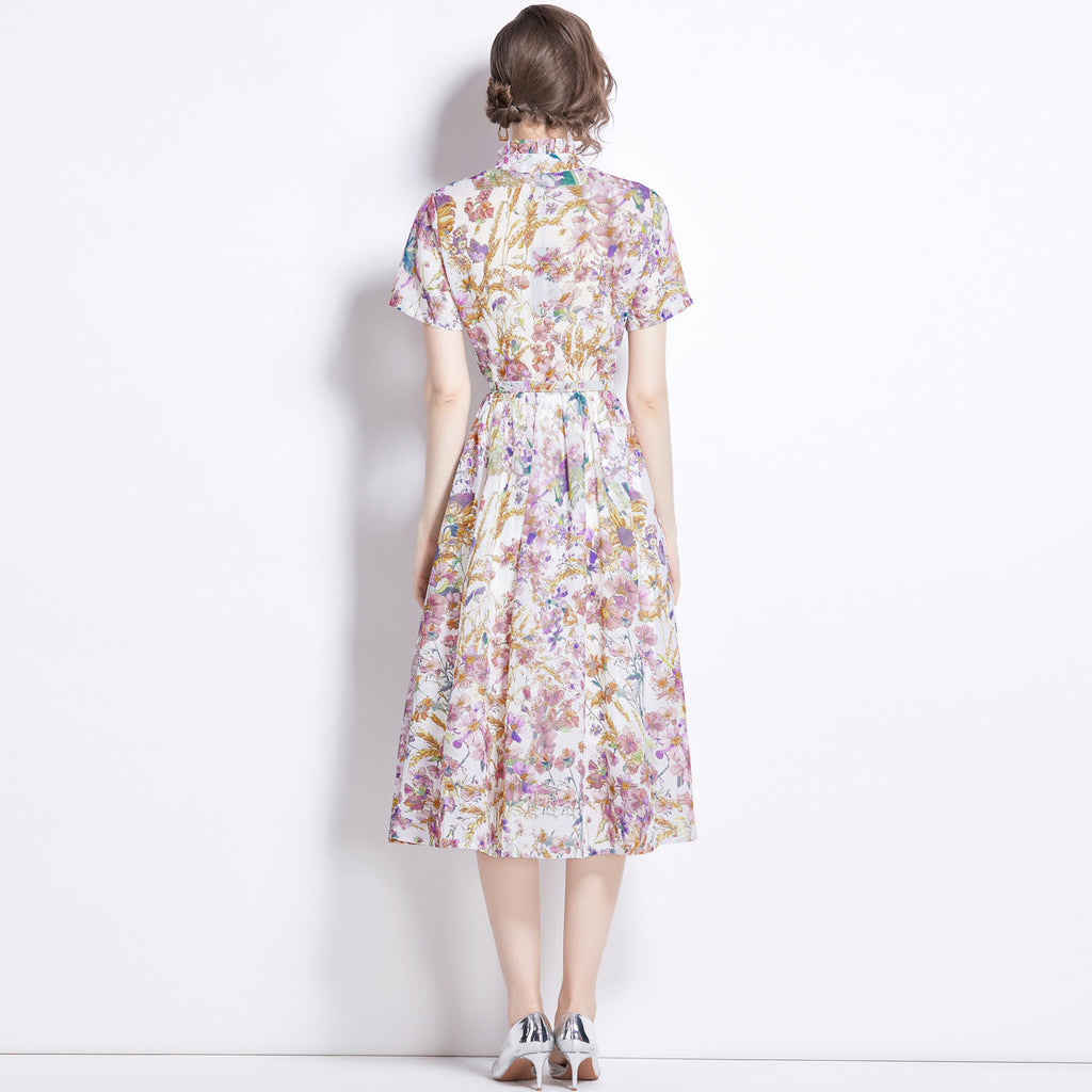 Elegant Floral Print Swing Midi Dress with a Refined Stand Collar and Belt