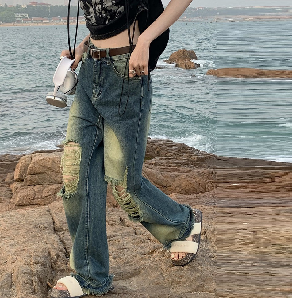 High-Waist Distressed Wide-Leg Denim Jeans