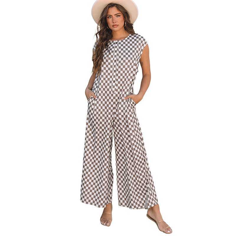 Loose Wide Leg Checkered Jumpsuit - Casual & Trendy