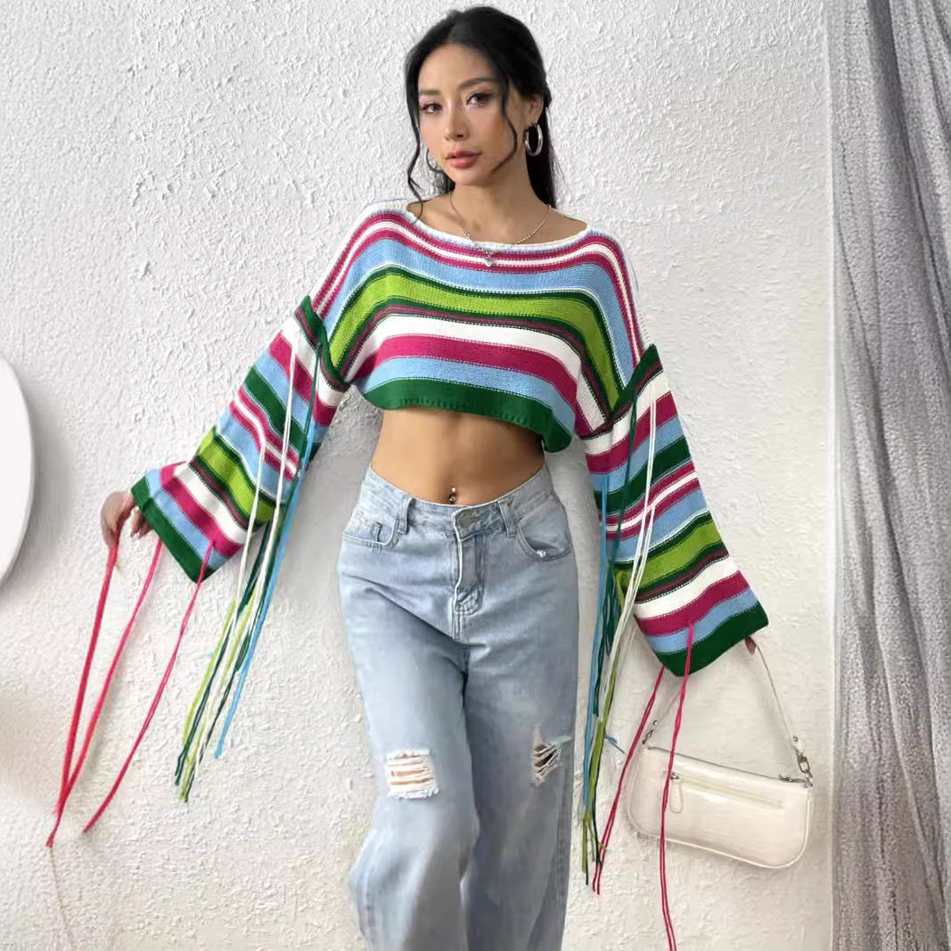 Vibrant Striped Loose Cropped Sweater with Bell Sleeves