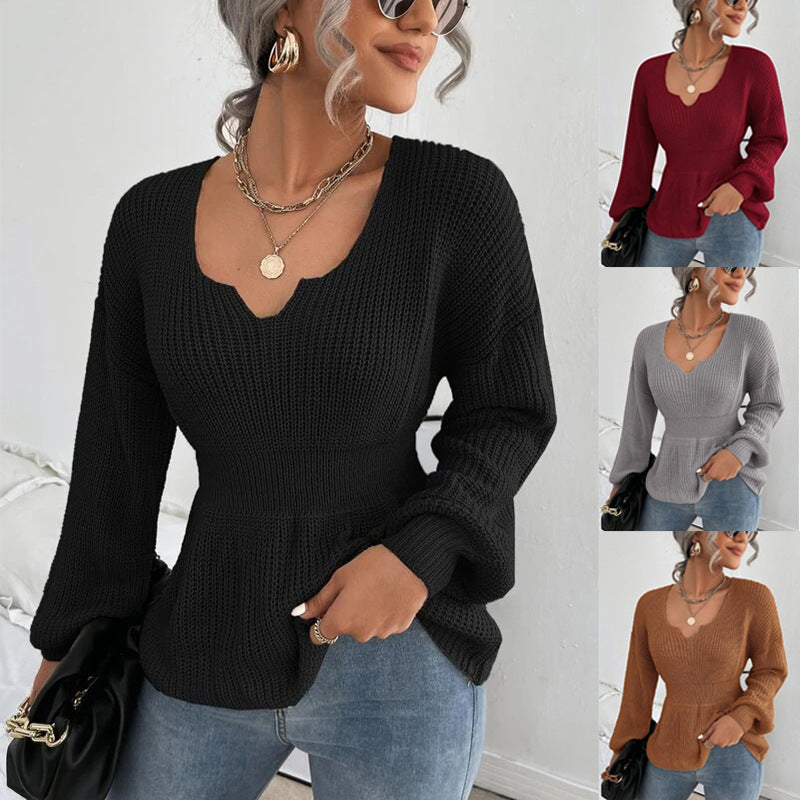 Chic Ruffle Detail Knit Sweater with Fitted Peplum Waist