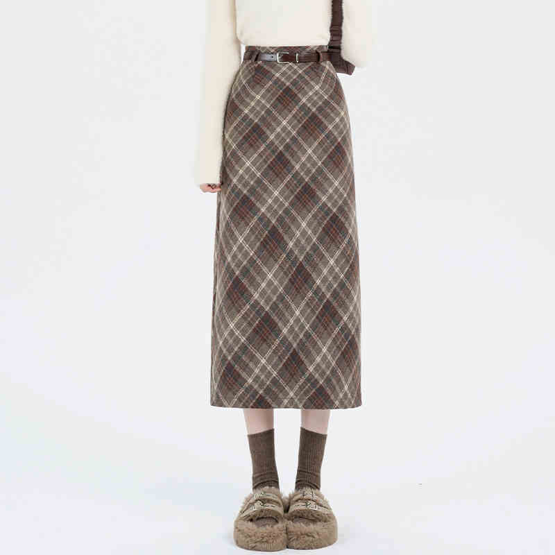 Chic High Waist Wool Blend Plaid A Line Midi Skirt for Women