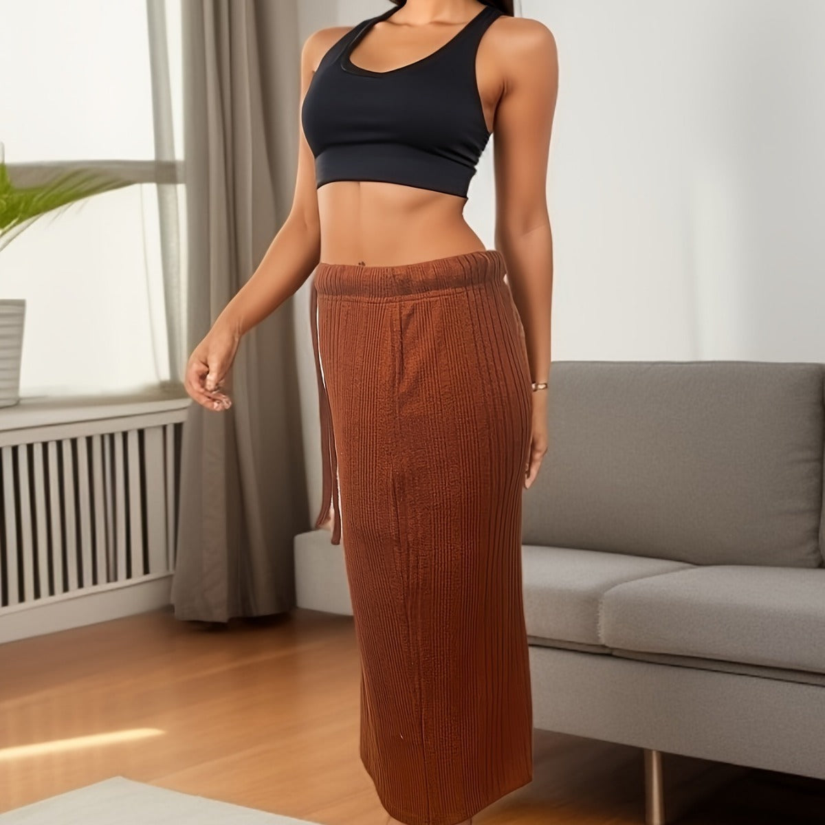 Effortless Comfort Ribbed Drawstring Midi Skirt Caramel Hue