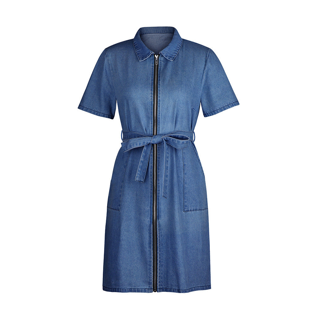 Chic Zipper Denim Mini Dress with Tie-Waist & Short Sleeves
