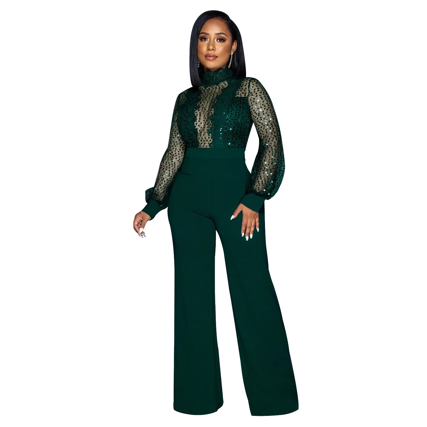 Chic Illusion Neck Sequin Sleeve Wide Leg Party Jumpsuit