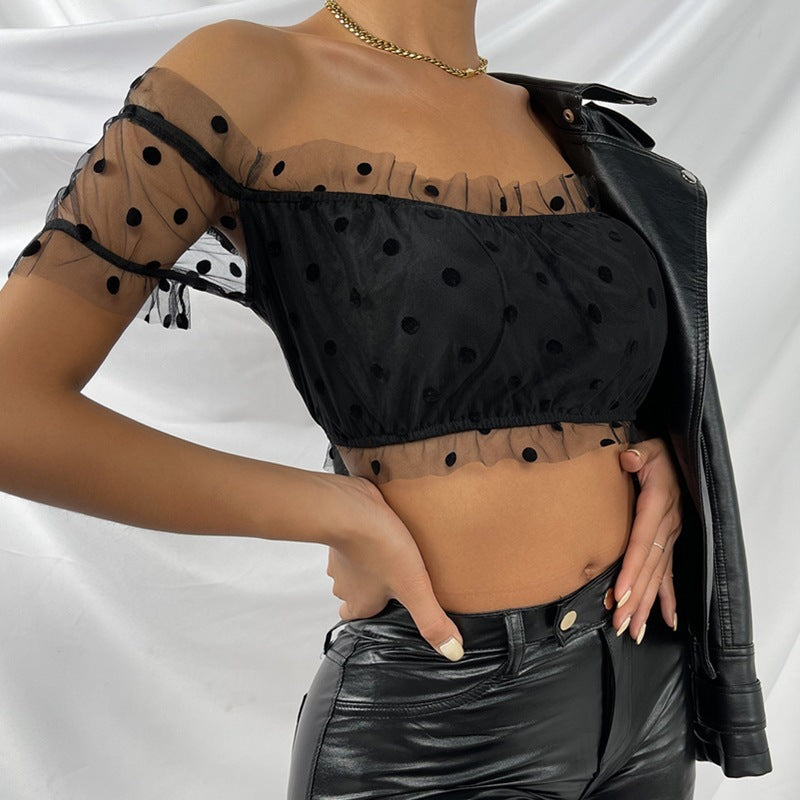 Chic Mesh Polka Dot Off Shoulder Ruffle Detail Cropped Blouse