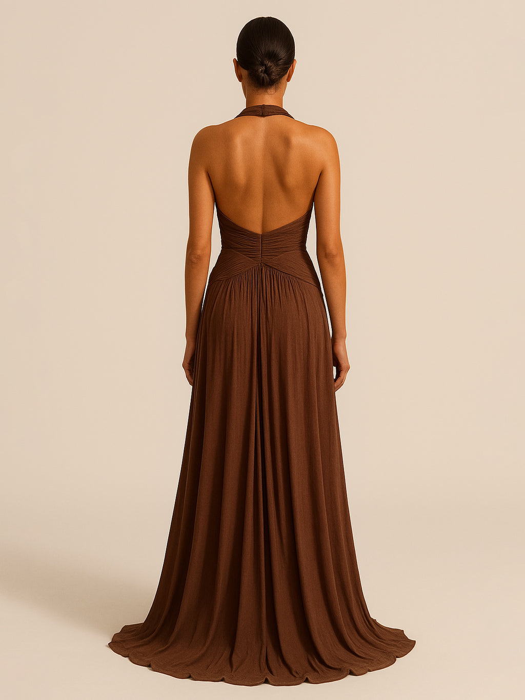 Elegant Brown Halter Maxi Dress for Evening & Party