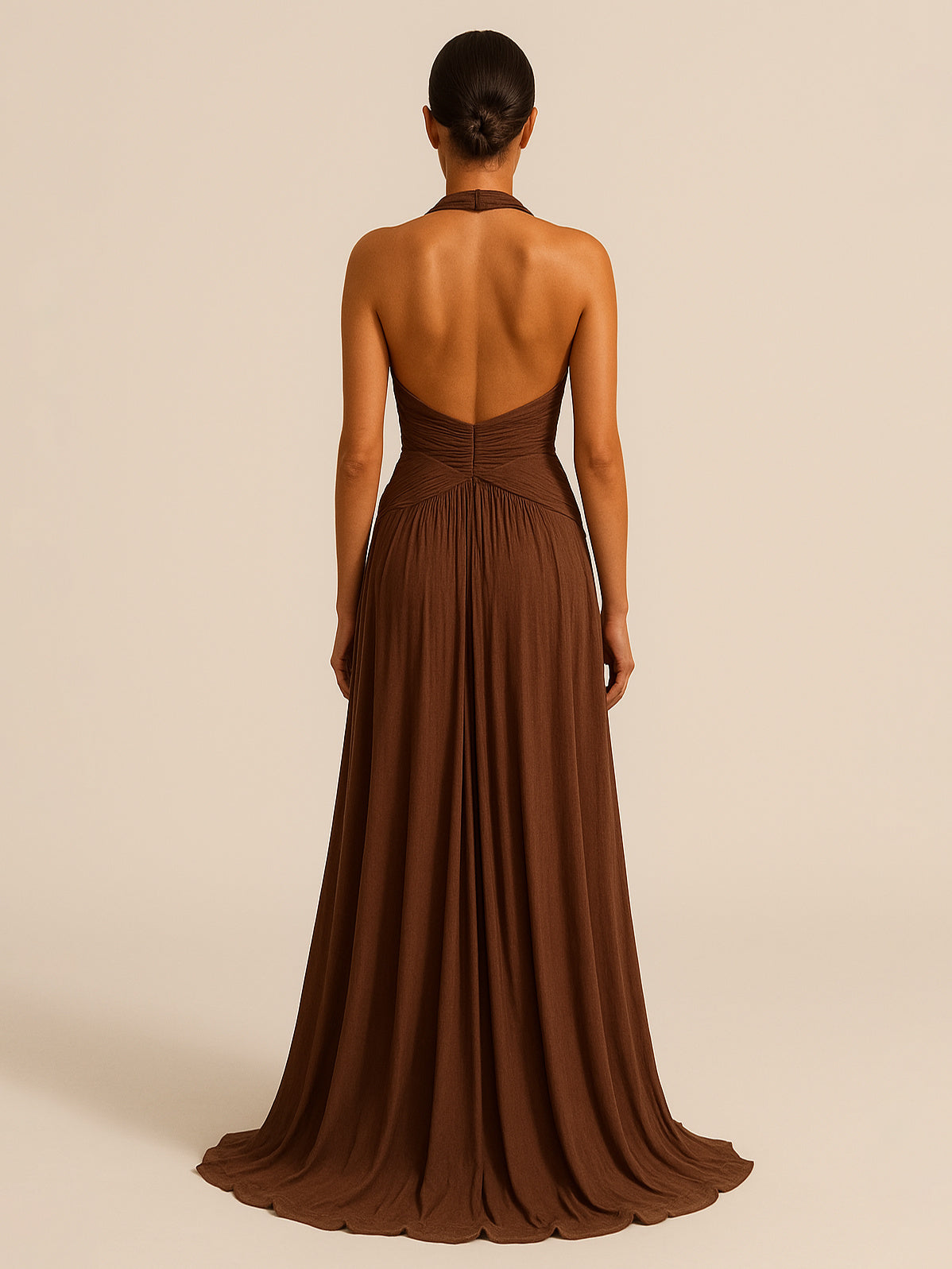 Elegant Brown Halter Maxi Dress for Evening & Party