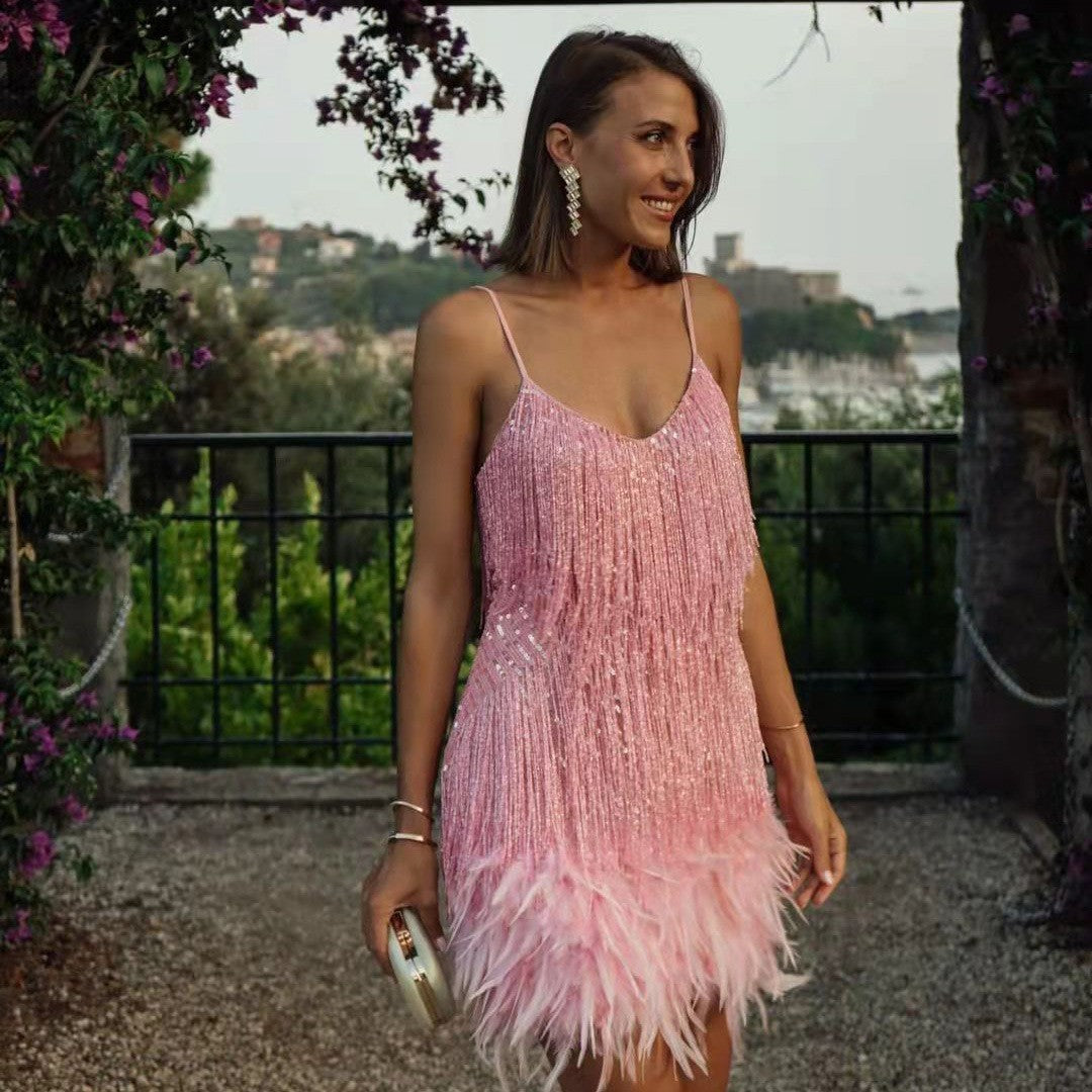 Glamorous Sequin Feather Mini Party Dress - V-Neck Spaghetti Strap