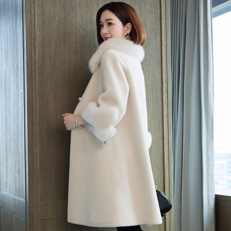 Elegant Faux Fur Mid-length Coat with Plush Collar and Cuffs