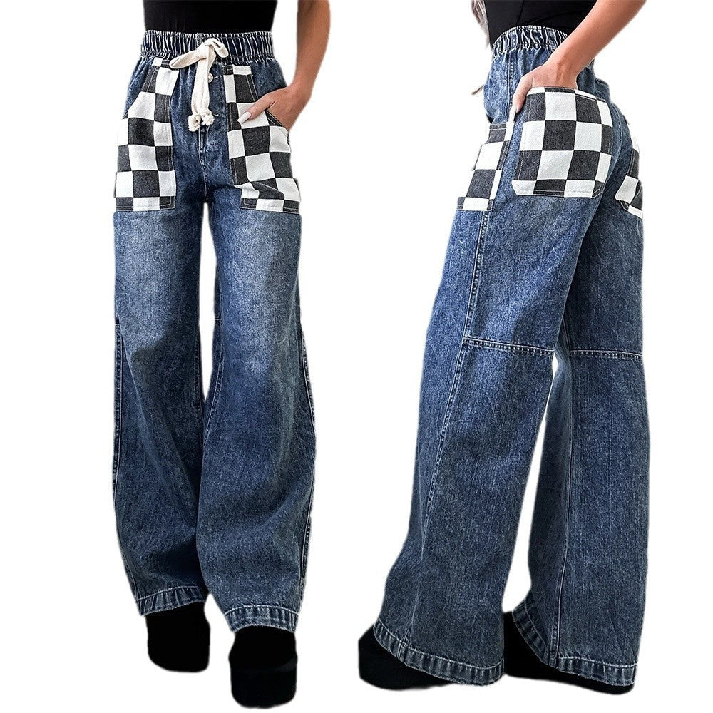 Trendy Baggy Jeans with Checkerboard Pockets