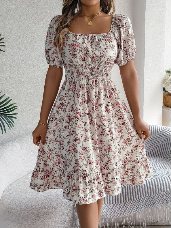 Effortless Spring Summer Casual Vacation Puff Sleeve Midi Dress with Ruffle Hem