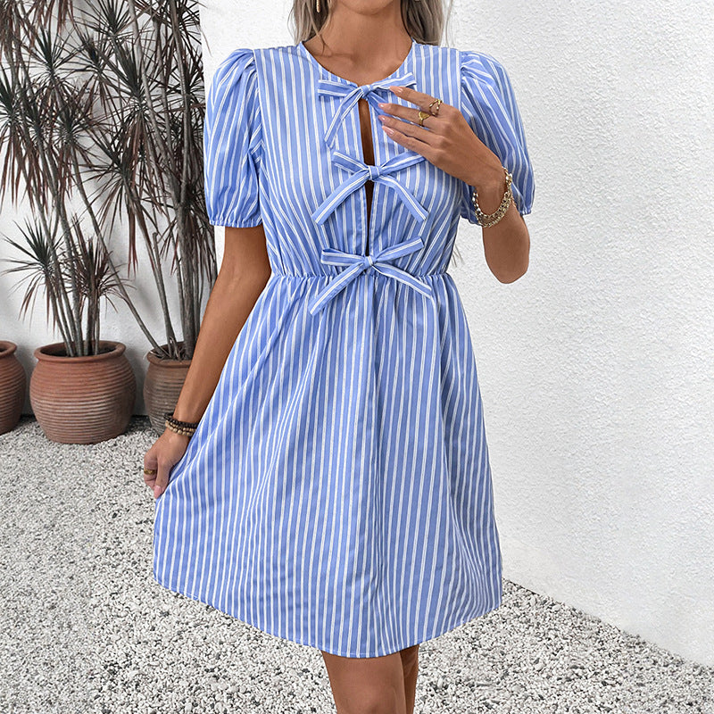 Retro Bow Cutout Puff Sleeve Mini Dress