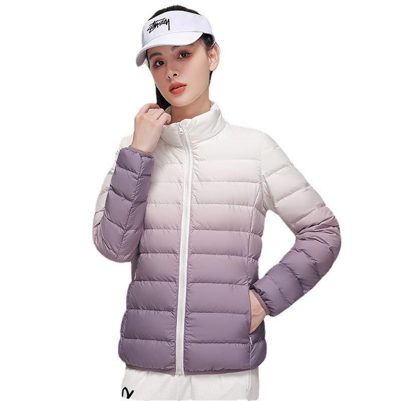 Fashionable Gradient Stand Collar Down Puffer Jacket Cozy Winter Outerwear