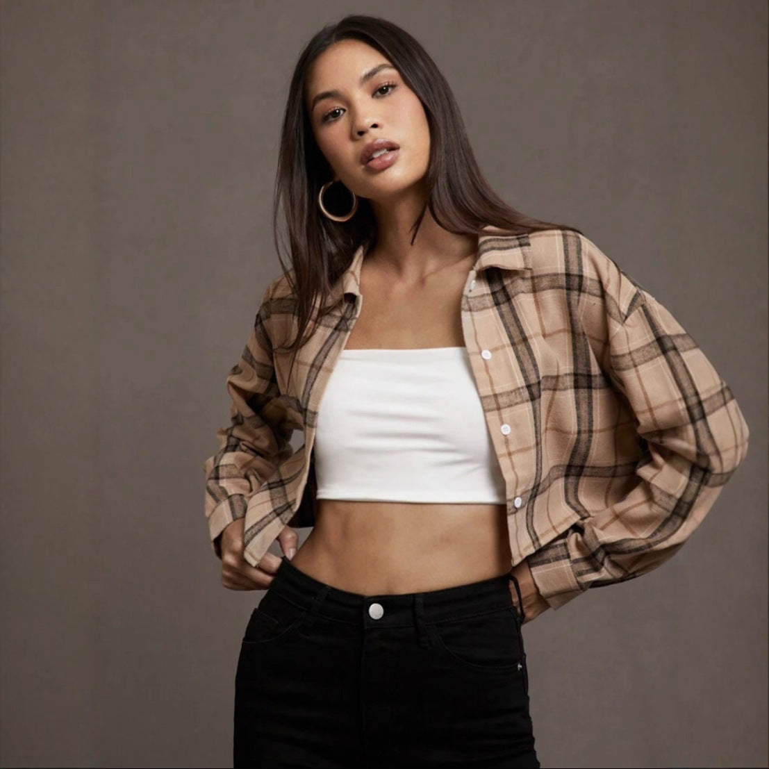 Stylish Plaid Pattern Long Sleeve Cropped Lapel Shirt