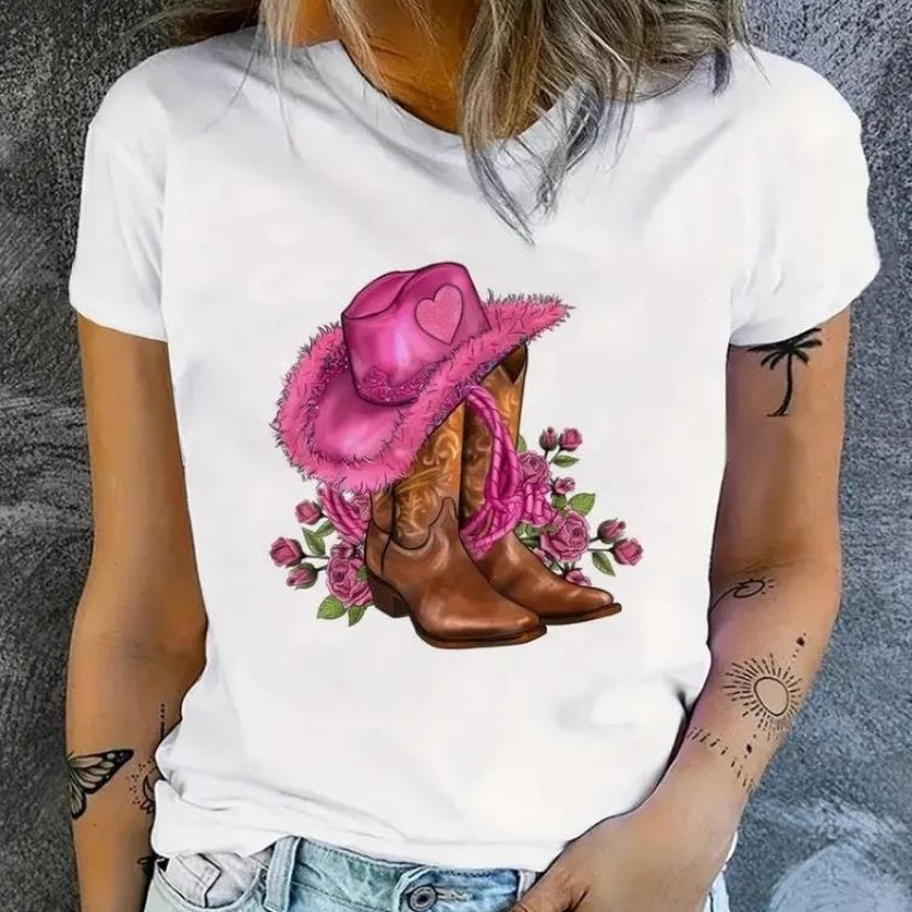 Cowgirl Chic Floral Graphic Cotton T-Shirt for Women