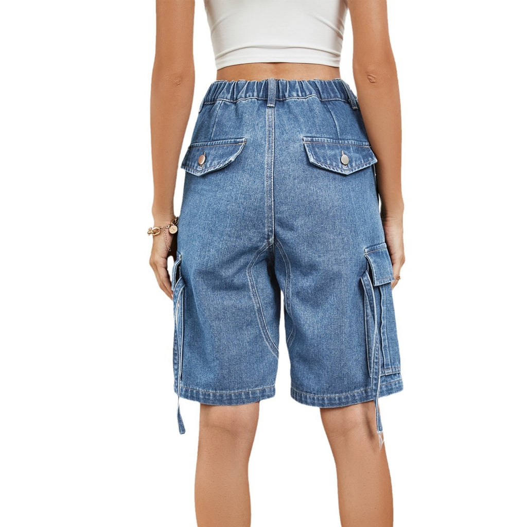 Washed Denim Cargo Shorts Mid Rise Straight Fit Casual Style with Pockets