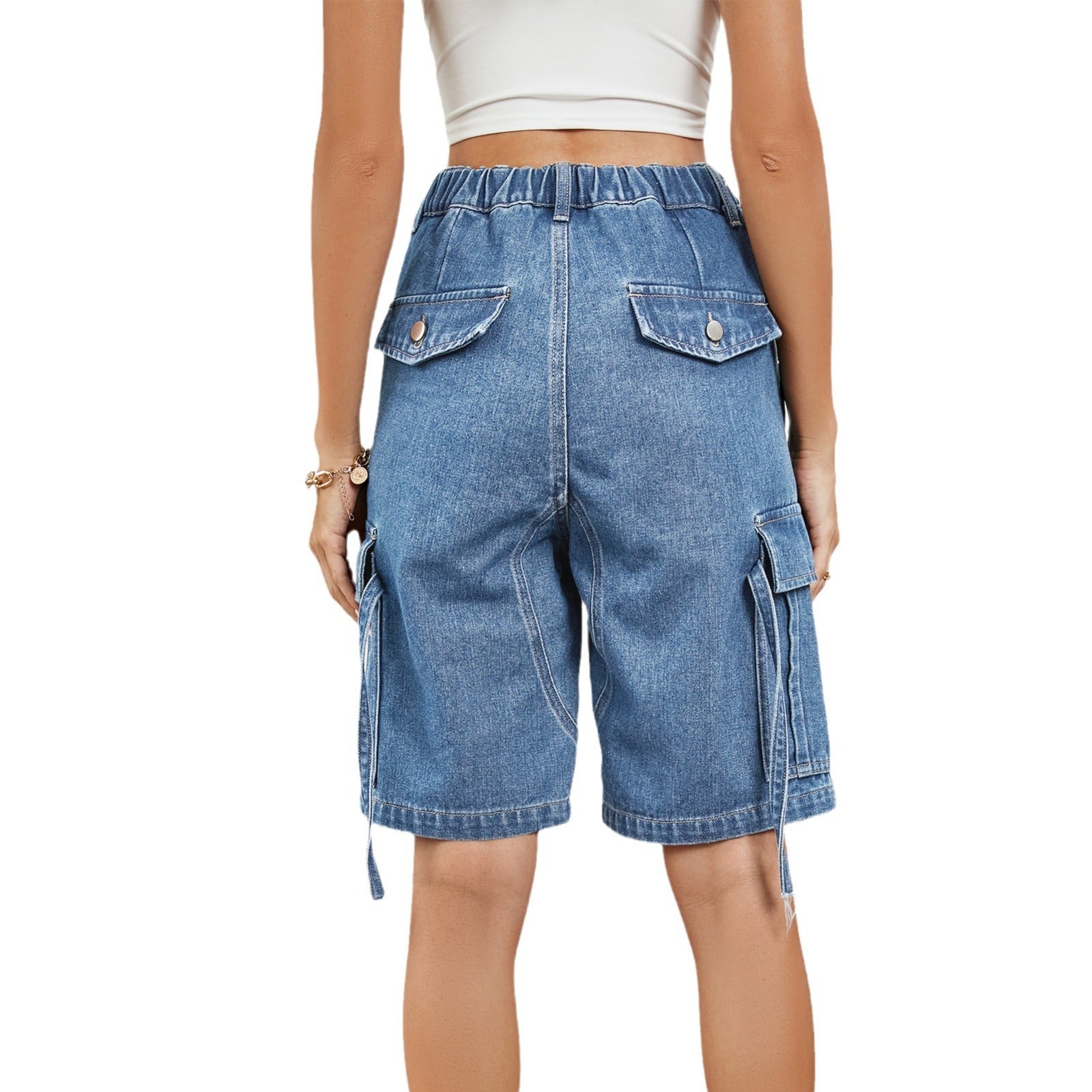 Washed Denim Cargo Shorts Mid Rise Straight Fit Casual Style with Pockets