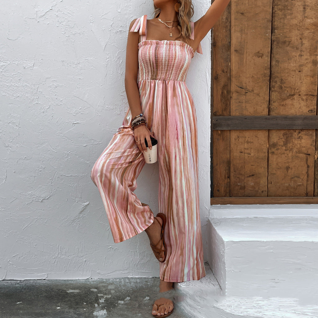 Chic Shirred Strappy Wide-Leg Jumpsuit - Comfortable & Stylish